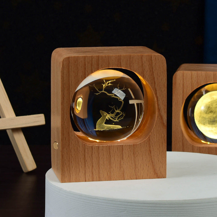 Beech Wood Crystal Ball Night Light – 3D Laser Engraved LED Lamp - Brightside Desk Co.