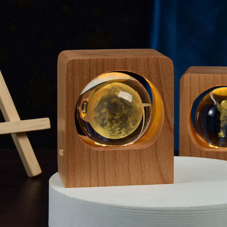 Beech Wood Crystal Ball Night Light – 3D Laser Engraved LED Lamp - Brightside Desk Co.