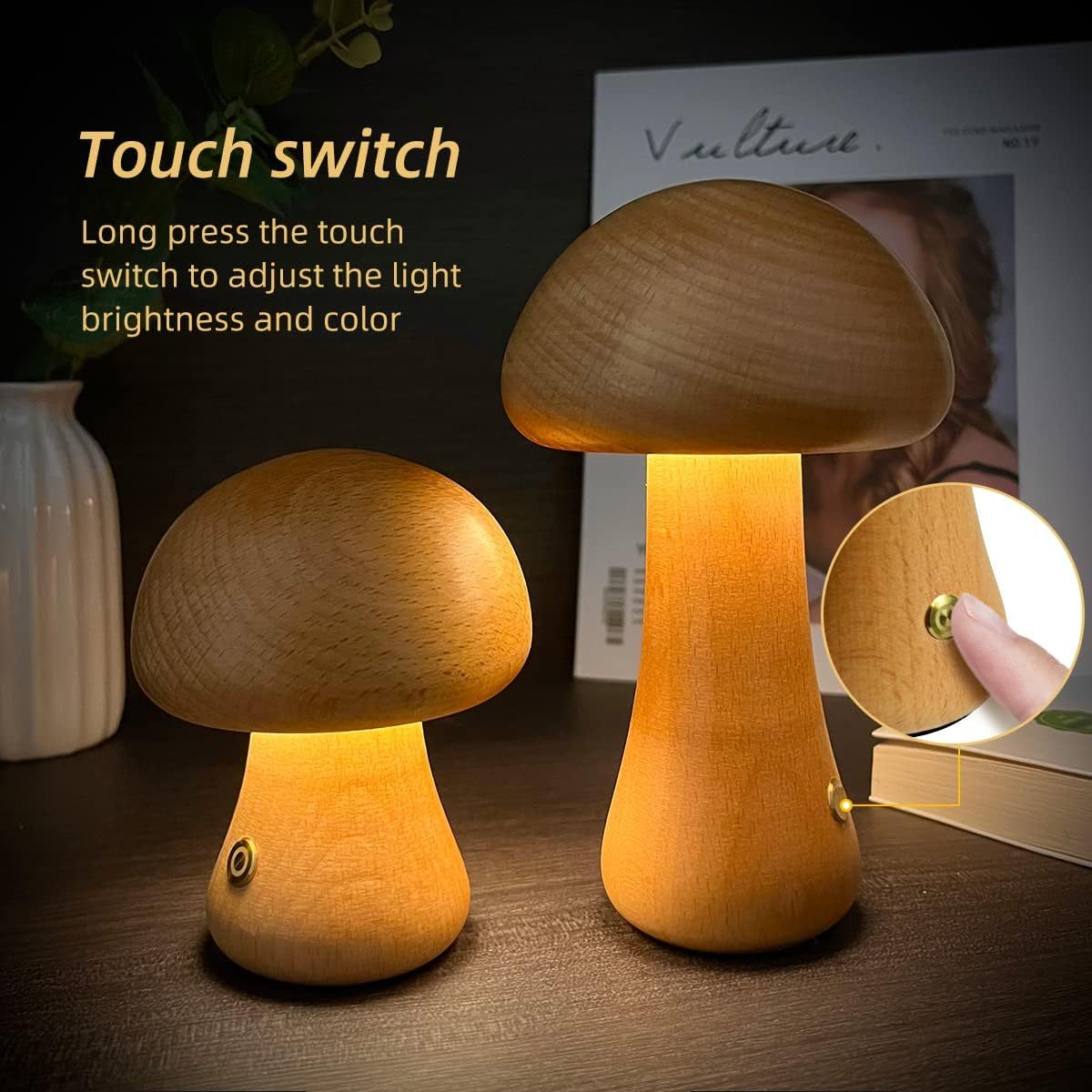 Wooden Mushroom Night Light – Touch Control LED Bedside Lamp - Brightside Desk Co.