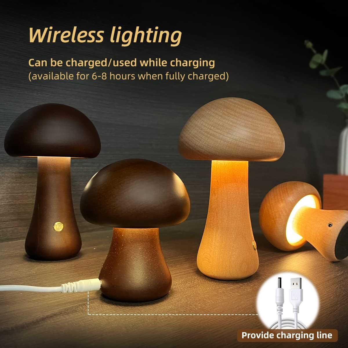 Wooden Mushroom Night Light – Touch Control LED Bedside Lamp - Brightside Desk Co.