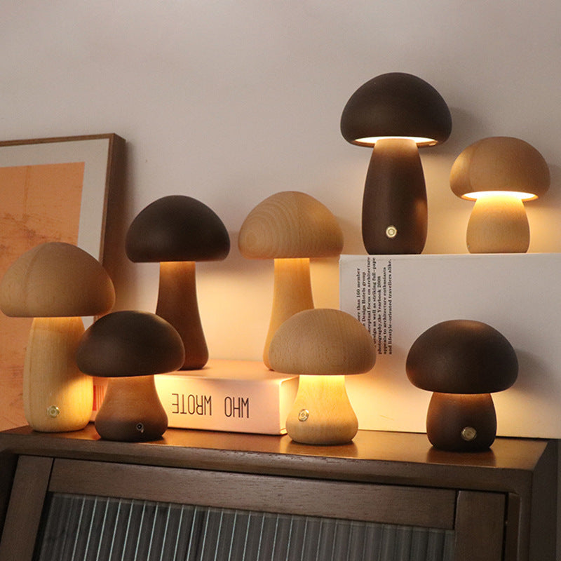 Wooden Mushroom Night Light – Touch Control LED Bedside Lamp - Brightside Desk Co.