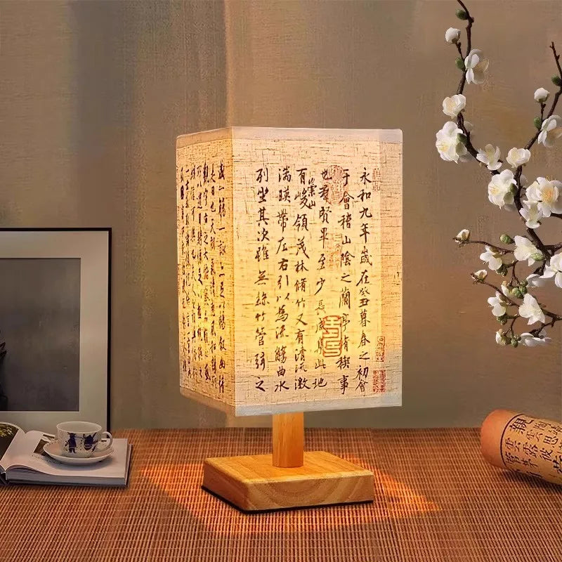 Chinese Style Wood Table Lamp with Linen Shade - Brightside Desk Co.