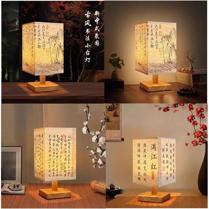 Chinese Style Wood Table Lamp with Linen Shade - Brightside Desk Co.