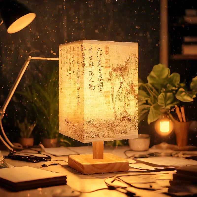Chinese Style Wood Table Lamp with Linen Shade - Brightside Desk Co.